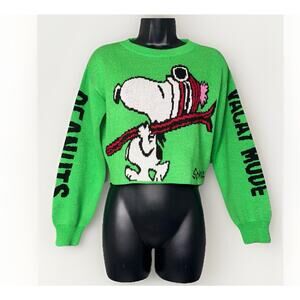 H&M Peanuts Ski Snoopy Women 12 Boxy Crop Jacquard Knit Sweater Green Schultz